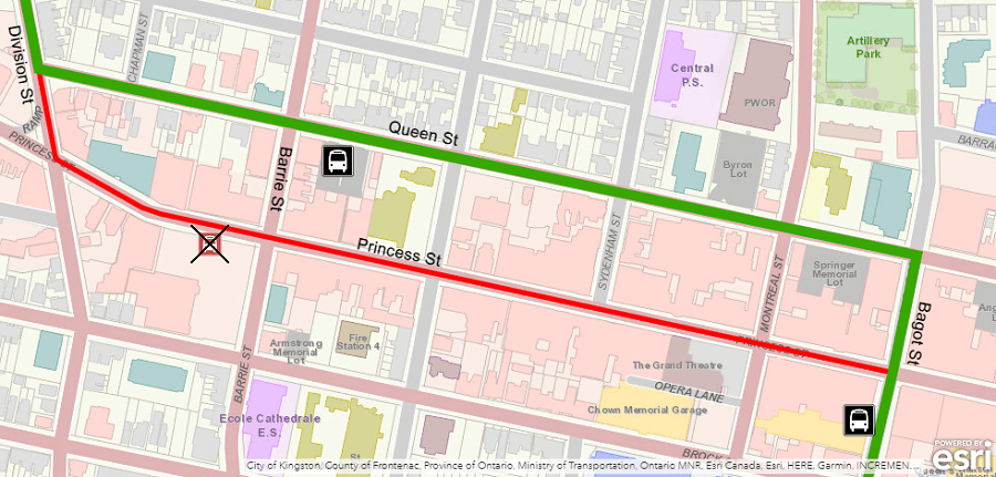 Map showing Express Route 701 detour using Queen instead of Princess. For more information, please call 613-546-0000.