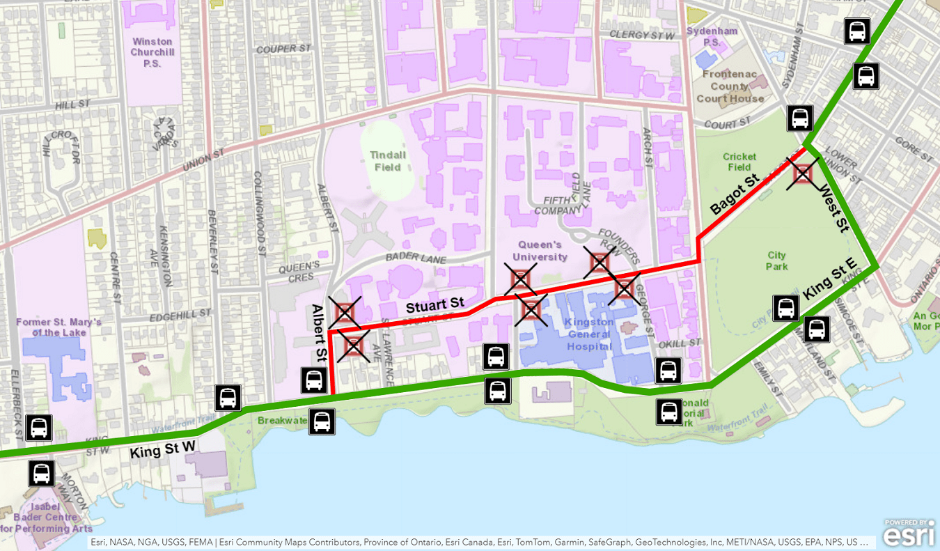 Map showing Route 1, 2 & 18 detour using King instead of Stuart. For more information, please call 613-546-0000.