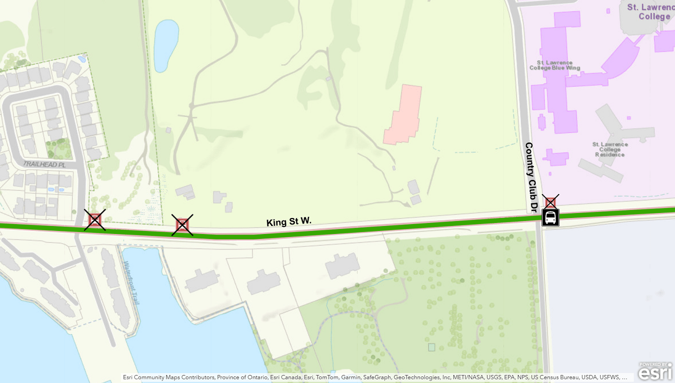 Map showing stop changes on King Street West at Trailhead and Country Club. For more information, please call 613-546-0000.