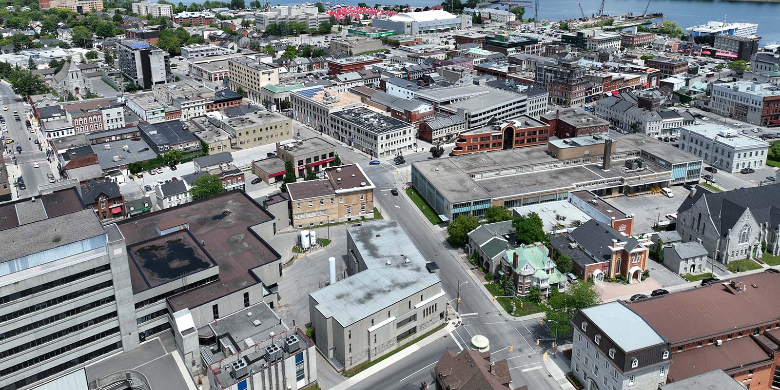 A drone image of downtown Kingston looking towards the water