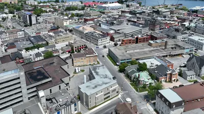 A drone image of downtown Kingston looking towards the water