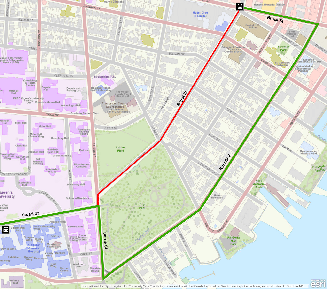 Map showing Express Route 502 detour using King instead of Bagot. For more information, please call 613-546-0000.