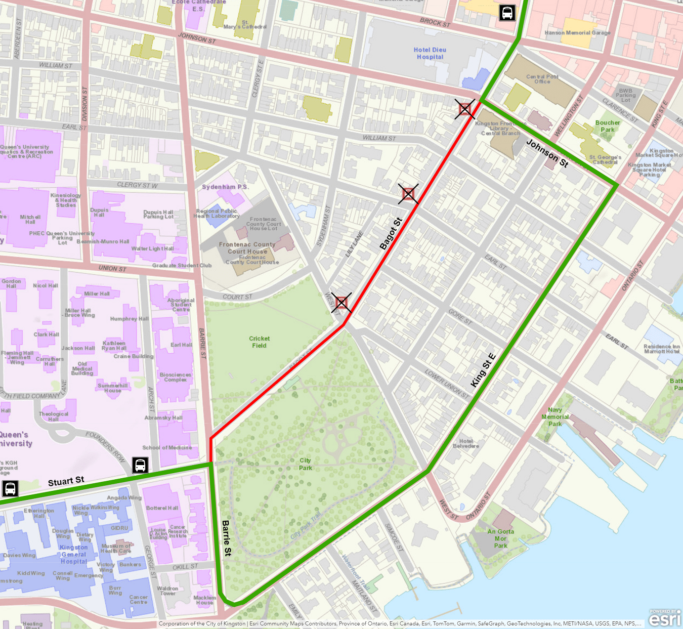 Map showing Route 1 St. Lawrence College, Route 2 Kingston Centre, and Route 18 detour using King instead of Bagot. For more information, please call 613-546-0000.