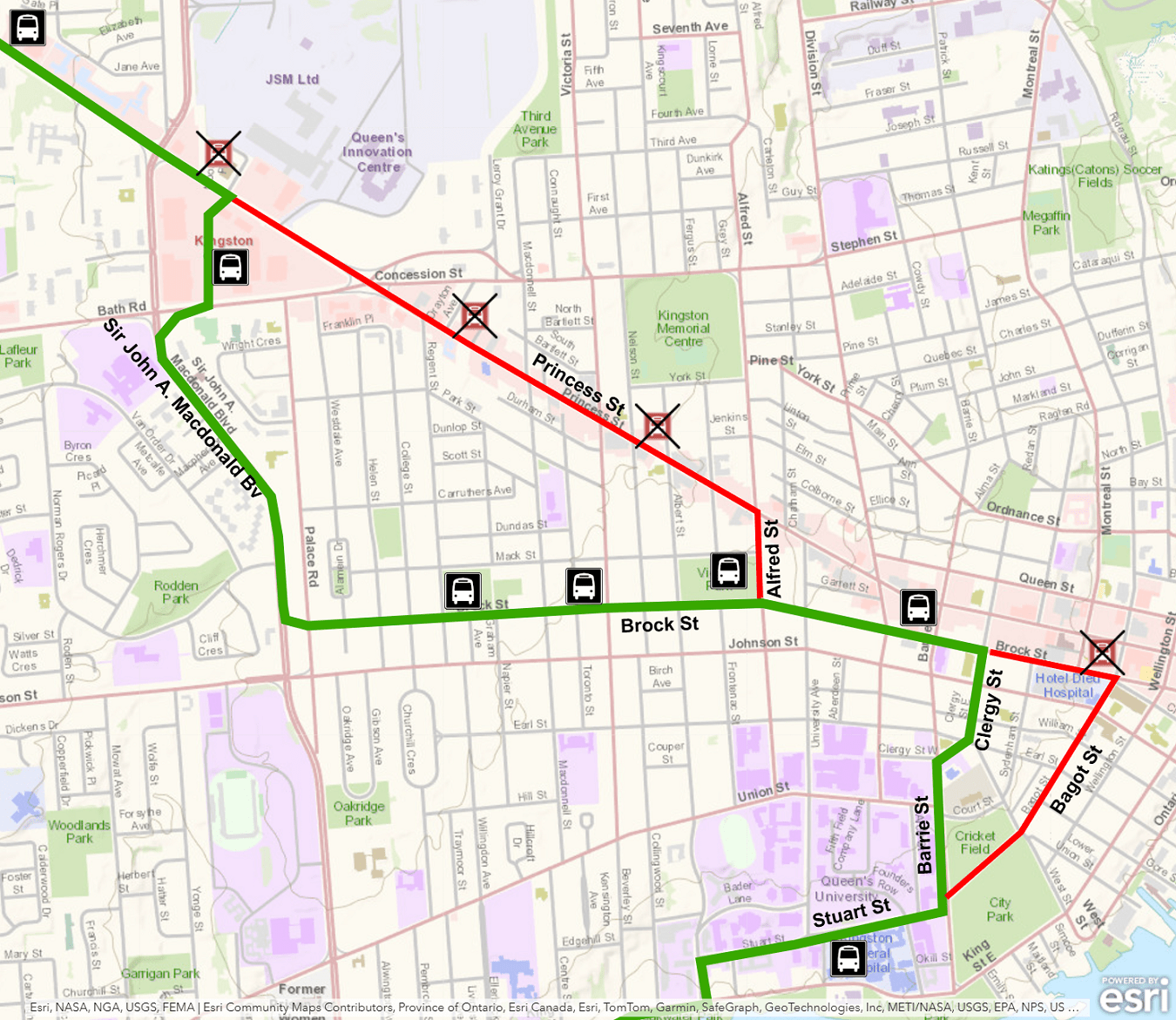 Map showing Express 502 detour using Brock and Sir John A. Macdonald instead of Princess. For more information, please call 613-546-0000.