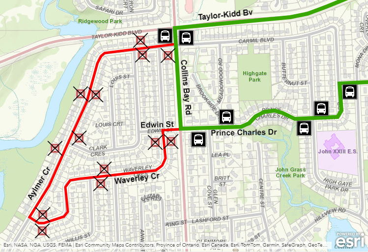 Map showing Route 15 detour using Collins Bay instead of Aylmer, Waverley, and Edwin. For more information please call 613-546-0000.