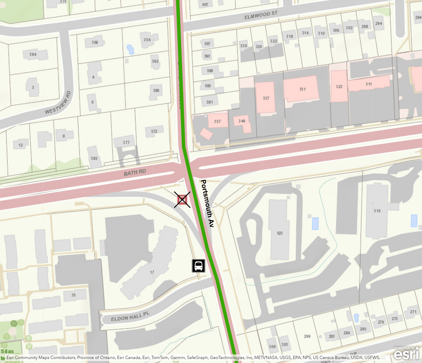 Map showing Portsmouth / Bath stop moved one-half block south to Portsmouth / Eldon Hall as of February 3, 2025. For more information, please call 613-546-0000.