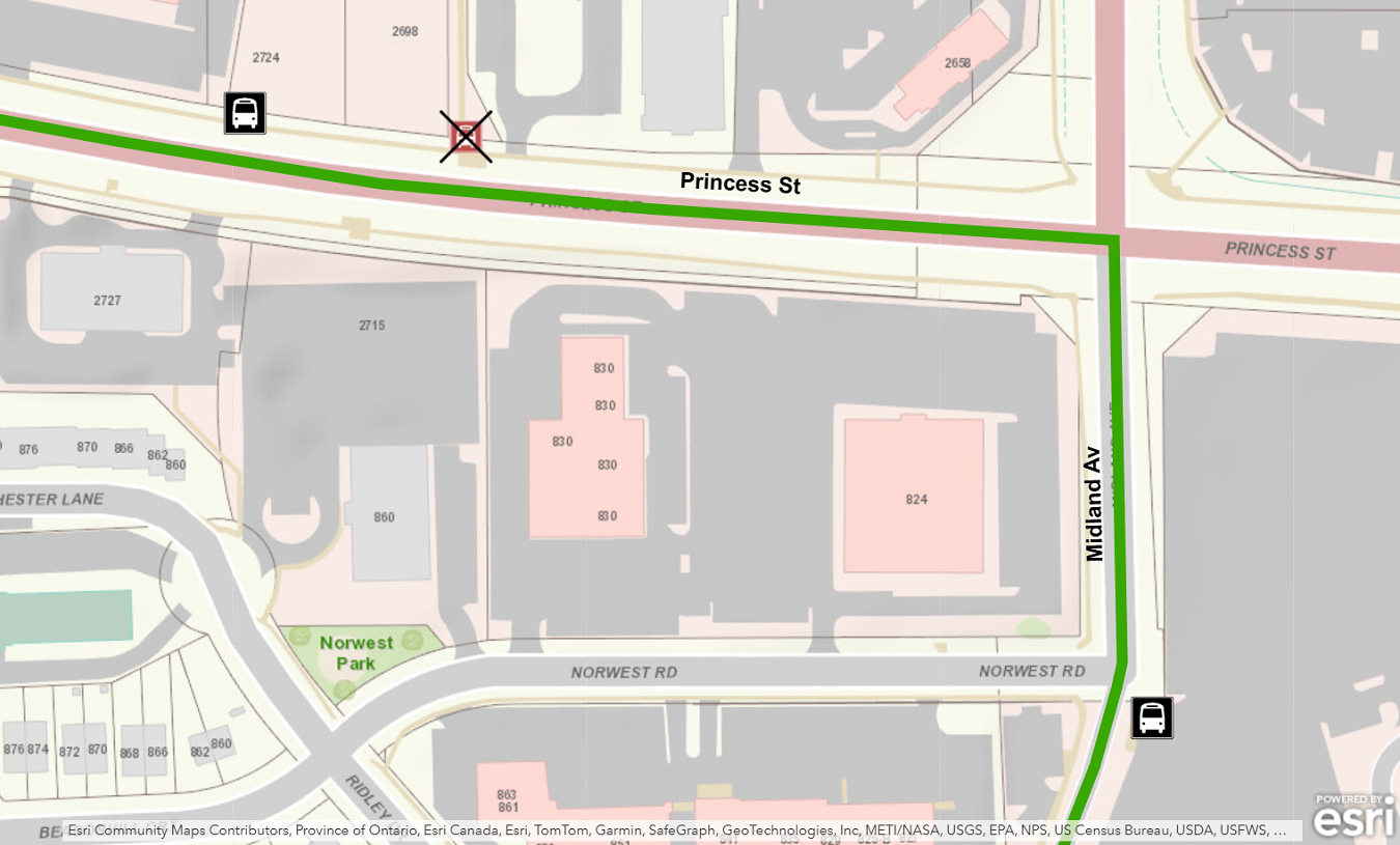 Map showing closure of 2698 Princess (north side) stop with alternate stop locations. For more information, please call 613-546-0000.