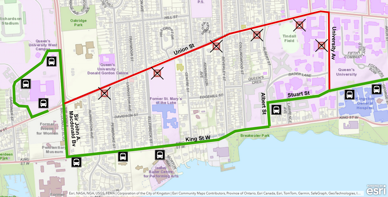 Map showing Route 17D detour via King instead of Union. For more information, please call 613-546-0000.