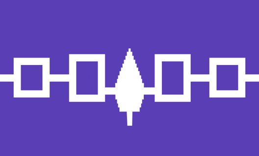 the Haudenosaunee flag, four white squares with a white tree in the centre on a blue background
